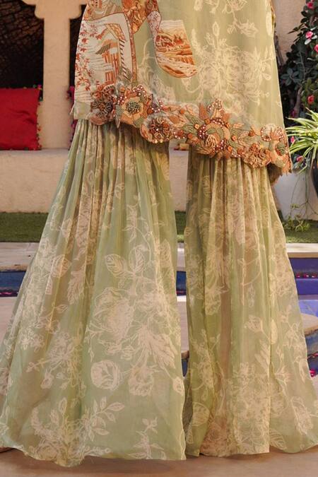 Shop Ankur J Green Silk Sequins, Embroidery Floral Mix Print Asymmetric Kurta With Gharara Online at Aza Fashions Shop_Ankur J_Green Silk Sequins, Embroidery Floral Mix Print Asymmetric Kurta With Gharara _Online_at_Aza_Fashions