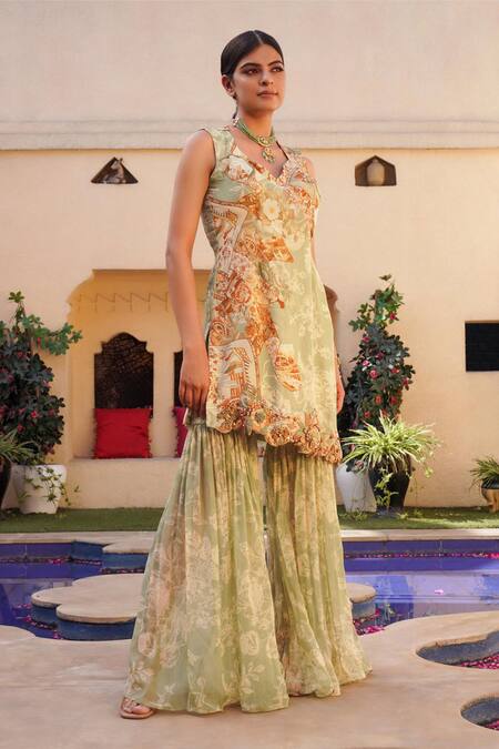 Ankur J Green Silk Sequins, Embroidery Floral Mix Print Asymmetric Kurta With Gharara at Aza Fashions Ankur J_Green Silk Sequins, Embroidery Floral Mix Print Asymmetric Kurta With Gharara _at_Aza_Fashions