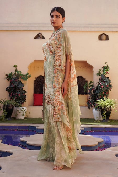 Shop_Ankur J_Green Silk Sequins, Embroidery V-neck Mix Print Asymmetric Cape Gharara Set _at_Aza_Fashions