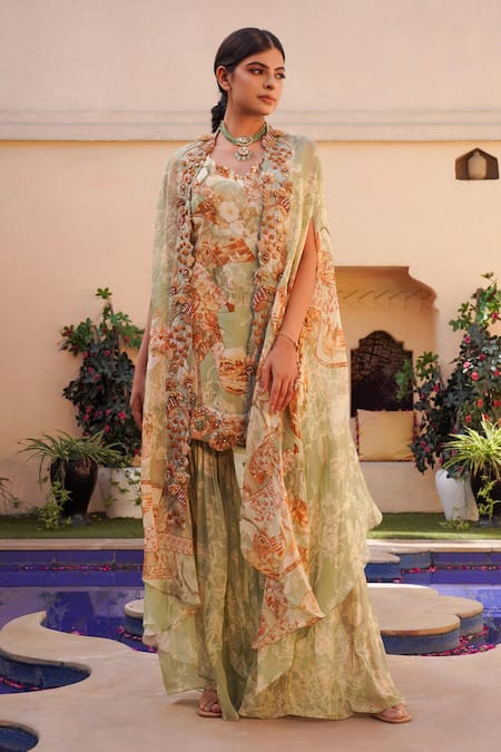 Ankur J_Green Silk Sequins, Embroidery V-neck Mix Print Asymmetric Cape Gharara Set _Online_at_Aza_Fashions