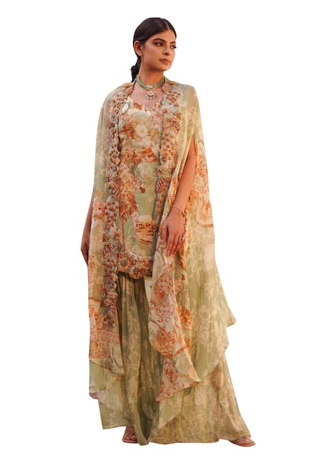 Buy_Ankur J_Green Silk Sequins, Embroidery V-neck Mix Print Asymmetric Cape Gharara Set _Online_at_Aza_Fashions