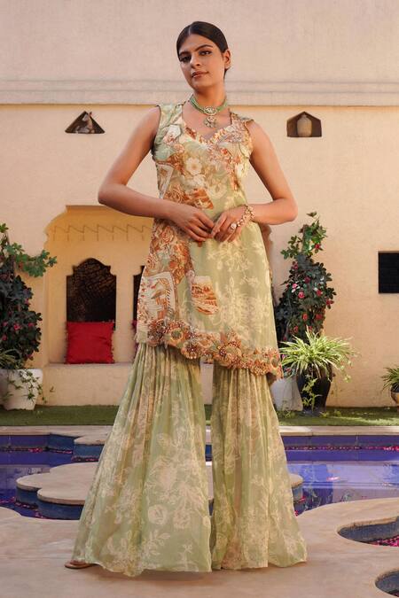 Ankur J_Green Silk Sequins, Embroidery V-neck Mix Print Asymmetric Cape Gharara Set _at_Aza_Fashions