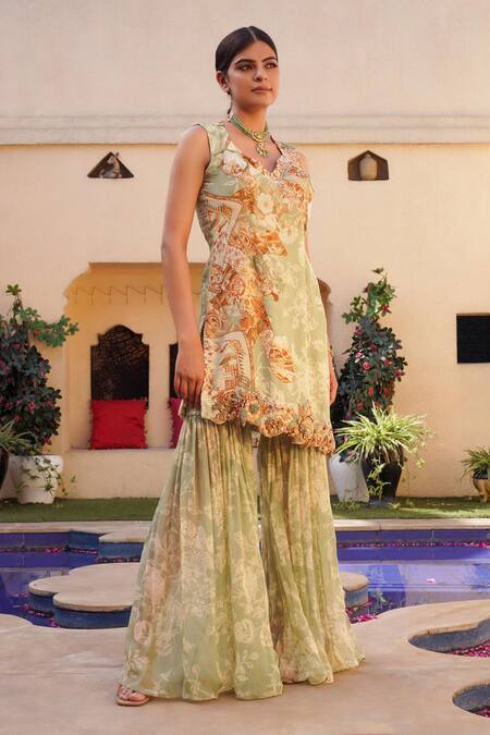 Buy_Ankur J_Green Silk Sequins, Embroidery V-neck Mix Print Asymmetric Cape Gharara Set 