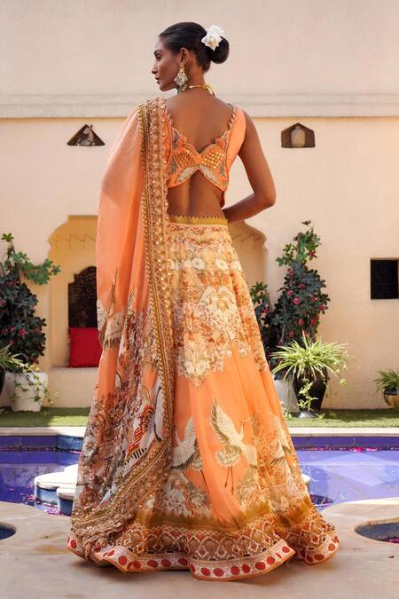 Shop Ankur J Orange Silk Sequins, Embroidery V-neck Floral Mix Print Lehenga Set at Aza Fashions Shop_Ankur J_Orange Silk Sequins, Embroidery V-neck Floral Mix Print Lehenga Set _at_Aza_Fashions