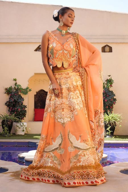 Ankur J Orange Silk Sequins, Embroidery V-neck Floral Mix Print Lehenga Set Online at Aza Fashions Ankur J_Orange Silk Sequins, Embroidery V-neck Floral Mix Print Lehenga Set _Online_at_Aza_Fashions