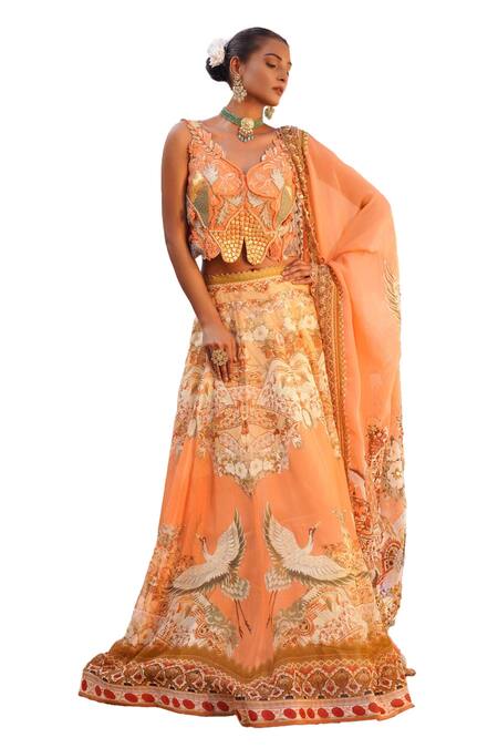 Buy Ankur J Orange Silk Sequins, Embroidery V-neck Floral Mix Print Lehenga Set Online at Aza Fashions Buy_Ankur J_Orange Silk Sequins, Embroidery V-neck Floral Mix Print Lehenga Set _Online_at_Aza_Fashions