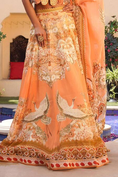 Shop Ankur J Orange Silk Sequins, Embroidery V-neck Floral Mix Print Lehenga Set Online at Aza Fashions Shop_Ankur J_Orange Silk Sequins, Embroidery V-neck Floral Mix Print Lehenga Set _Online_at_Aza_Fashions