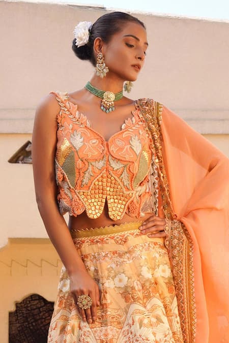 Ankur J Orange Silk Sequins, Embroidery V-neck Floral Mix Print Lehenga Set at Aza Fashions Ankur J_Orange Silk Sequins, Embroidery V-neck Floral Mix Print Lehenga Set _at_Aza_Fashions