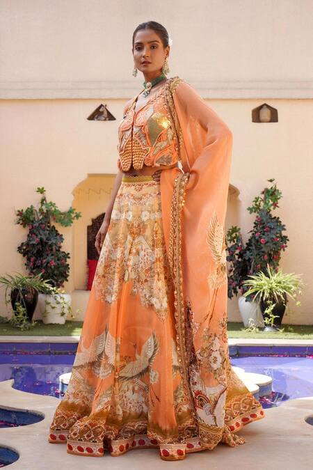 Buy Ankur J Orange Silk Sequins, Embroidery V-neck Floral Mix Print Lehenga Set Buy_Ankur J_Orange Silk Sequins, Embroidery V-neck Floral Mix Print Lehenga Set