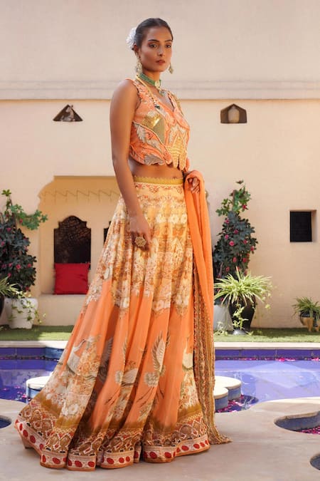 Shop Ankur J Orange Silk Sequins, Embroidery V-neck Floral Mix Print Lehenga Set Shop_Ankur J_Orange Silk Sequins, Embroidery V-neck Floral Mix Print Lehenga Set