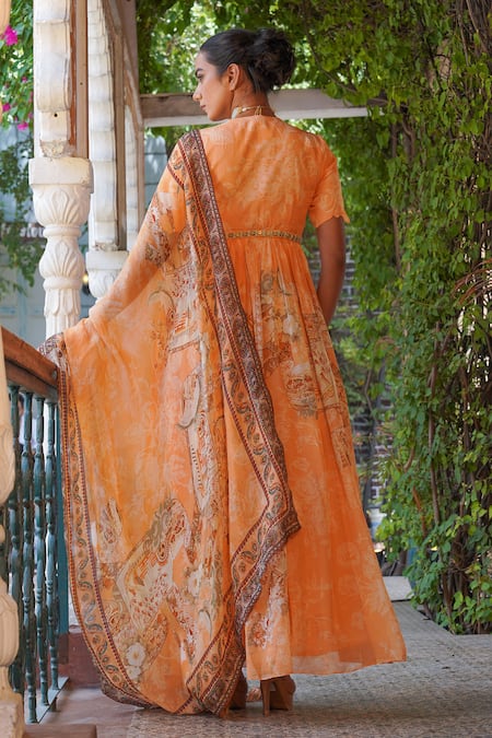 Shop Ankur J Orange Habutai Silk Printed Combination Embellished Anarkali With Dupatta at Aza Fashions Shop_Ankur J_Orange Habutai Silk Printed Combination Embellished Anarkali With Dupatta _at_Aza_Fashions
