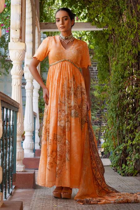 Buy Ankur J Orange Habutai Silk Printed Combination Embellished Anarkali With Dupatta Online at Aza Fashions Buy_Ankur J_Orange Habutai Silk Printed Combination Embellished Anarkali With Dupatta _Online_at_Aza_Fashions