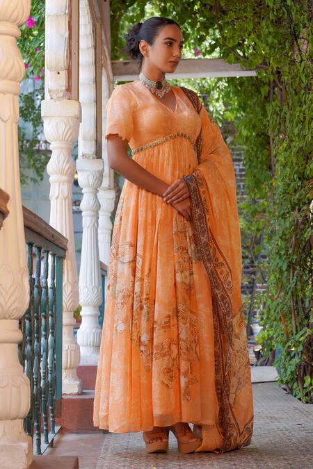 Ankur J Orange Habutai Silk Printed Combination Embellished Anarkali With Dupatta at Aza Fashions Ankur J_Orange Habutai Silk Printed Combination Embellished Anarkali With Dupatta _at_Aza_Fashions