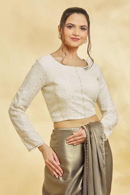 Buy Adara Khan Off White Chikankari Embroidered Saree Blouse Online at Aza Fashions Buy_Adara Khan_Off White Chikankari Embroidered Saree Blouse_Online_at_Aza_Fashions