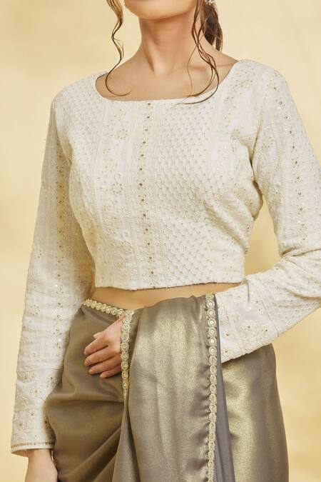 Shop Adara Khan Off White Chikankari Embroidered Saree Blouse Online at Aza Fashions Shop_Adara Khan_Off White Chikankari Embroidered Saree Blouse_Online_at_Aza_Fashions