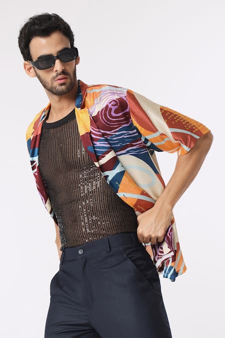 Shop Dark Hour Multi Color Cotton Satin Digital Printed Abstract Half Sleeve Shirt at Aza Fashions Shop_Dark Hour_Multi Color Cotton Satin Digital Printed Abstract Half Sleeve Shirt _at_Aza_Fashions