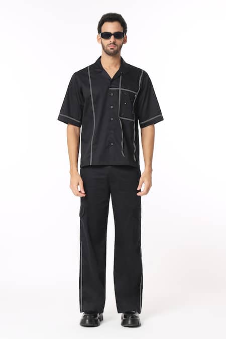 Dark Hour Black Cotton Satin Embroidered Stone Half Sleeve Tape Detail Shirt And Pant Set 