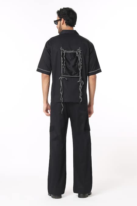 Shop Dark Hour Black Cotton Satin Embroidered Stone Embellished Tape Detail Shirt at Aza Fashions Shop_Dark Hour_Black Cotton Satin Embroidered Stone Embellished Tape Detail Shirt _at_Aza_Fashions