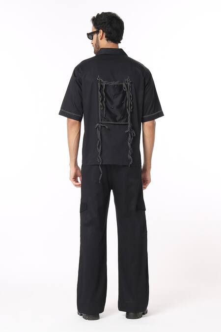 Shop Dark Hour Black Cotton Satin Tape Detail Pant at Aza Fashions Shop_Dark Hour_Black Cotton Satin Tape Detail Pant _at_Aza_Fashions