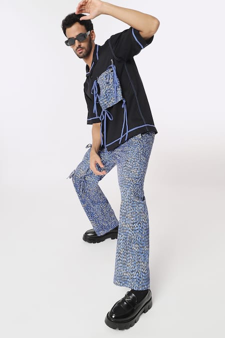 Shop Dark Hour Black Cotton Satin Printed Abstract Tape Detailshirt And Pant Set at Aza Fashions Shop_Dark Hour_Black Cotton Satin Printed Abstract Tape Detailshirt And Pant Set _at_Aza_Fashions