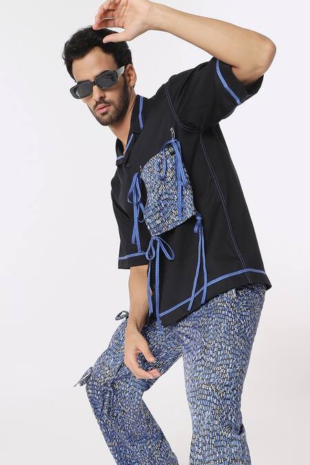 Buy Dark Hour Black Cotton Satin Printed Abstract Tape Detailshirt And Pant Set Online at Aza Fashions Buy_Dark Hour_Black Cotton Satin Printed Abstract Tape Detailshirt And Pant Set _Online_at_Aza_Fashions