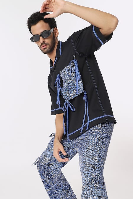 Dark Hour Black Cotton Satin Tape Detail Shirt 