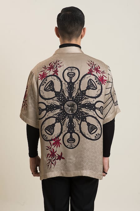 Shop_Dark Hour_Beige Modal Satin Printed Tarot Card Shirt _at_Aza_Fashions