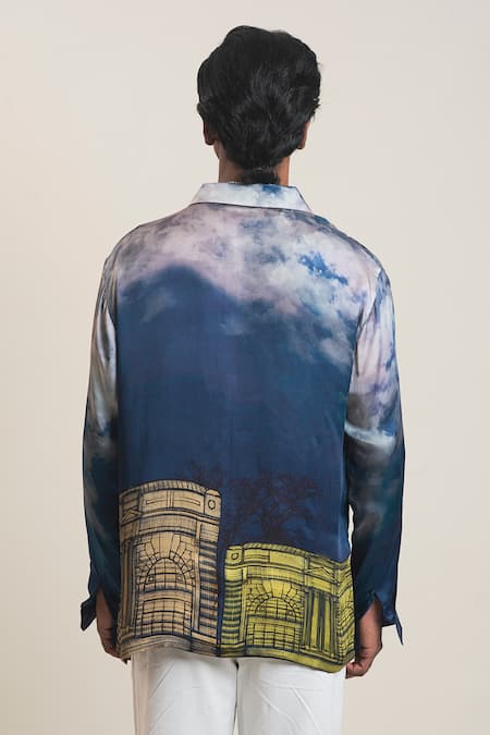 Shop_Dark Hour_Blue Bemberg Satin Printed Shirt _at_Aza_Fashions