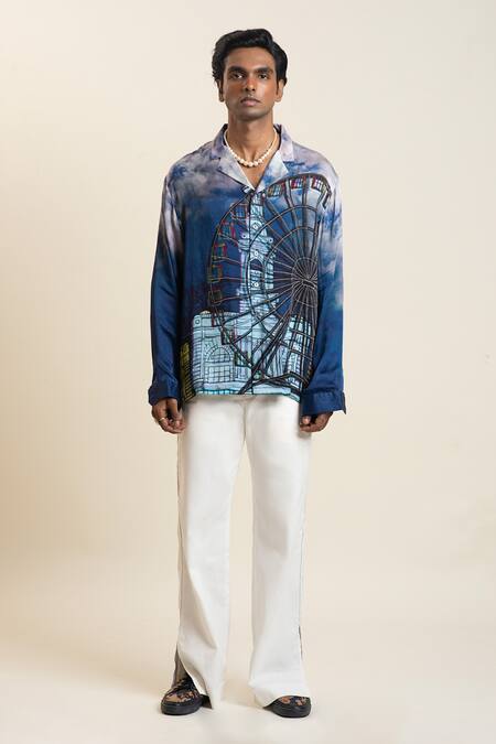 Dark Hour_Blue Bemberg Satin Printed Shirt _Online_at_Aza_Fashions