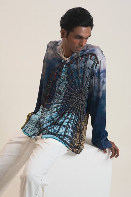 Shop_Dark Hour_Blue Bemberg Satin Printed Shirt _Online_at_Aza_Fashions
