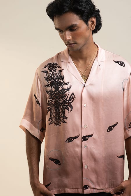Shop_Dark Hour_Pink Modal, Satin Camp Collar Printed Shirt_Online_at_Aza_Fashions