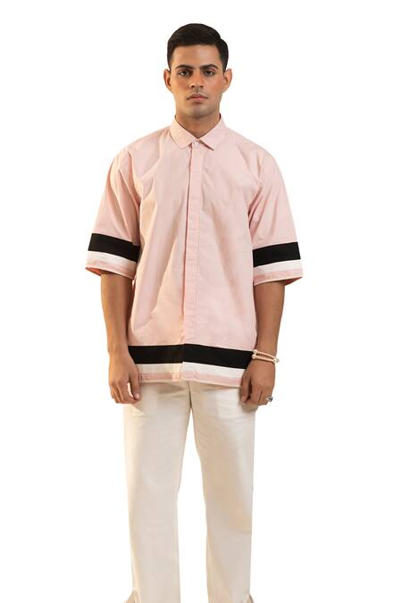 Dark Hour Pink Cotton Color Blocked Braided Silk Work Shirt Online at Aza Fashions Dark Hour_Pink Cotton Color Blocked Braided Silk Work Shirt_Online_at_Aza_Fashions