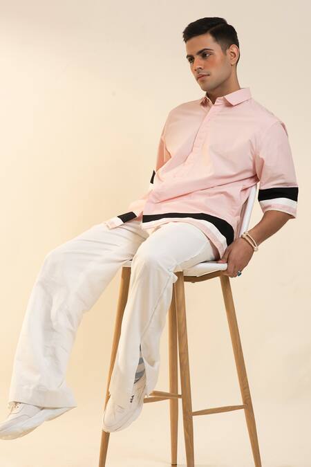Buy_Dark Hour_Pink Cotton Color Blocked Braided Silk Work Shirt_Online_at_Aza_Fashions