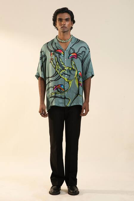 Dark Hour_Green Modal Satin Printed Mushroom Artwork Half Sleeve Shirt _Online_at_Aza_Fashions