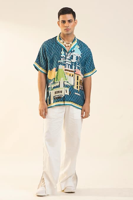 Dark Hour Blue 100% Silk Printed Half Sleeve Artwork Church 