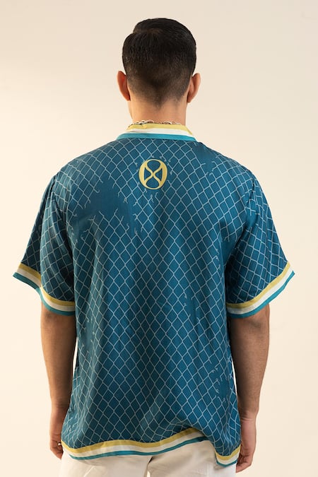 Shop_Dark Hour_Blue 100% Silk Printed Half Sleeve Artwork Church _at_Aza_Fashions