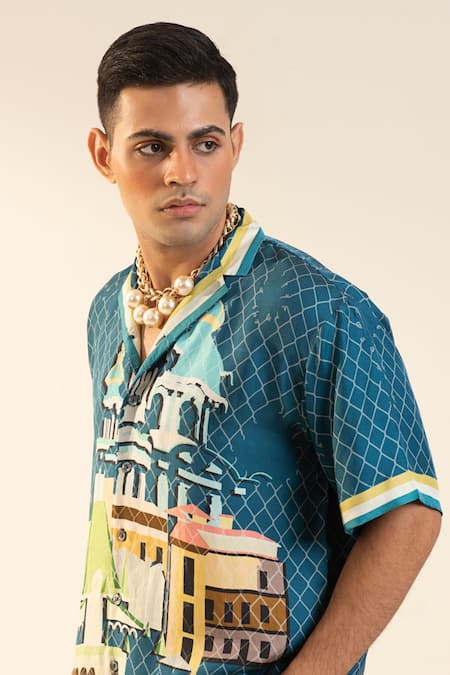 Dark Hour_Blue 100% Silk Printed Half Sleeve Artwork Church _Online_at_Aza_Fashions