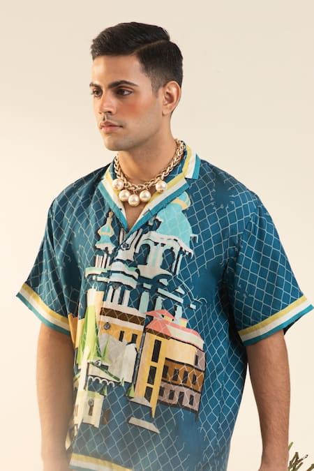 Buy_Dark Hour_Blue 100% Silk Printed Half Sleeve Artwork Church _Online_at_Aza_Fashions