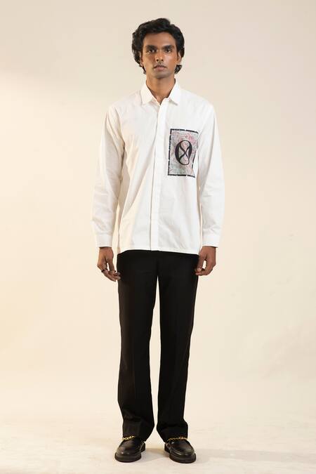 Buy_Dark Hour_White Cotton, Silk Patchwork Marble Effect Pocket Shirt_Online_at_Aza_Fashions