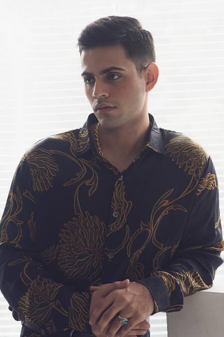 Buy_Dark Hour_Black Shirt Modal Printed Satin And Pant Set _Online_at_Aza_Fashions