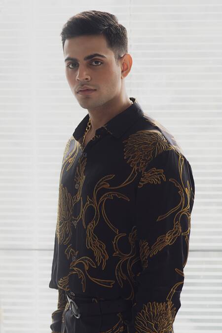 Shop_Dark Hour_Black Shirt Modal Printed Satin And Pant Set _Online_at_Aza_Fashions