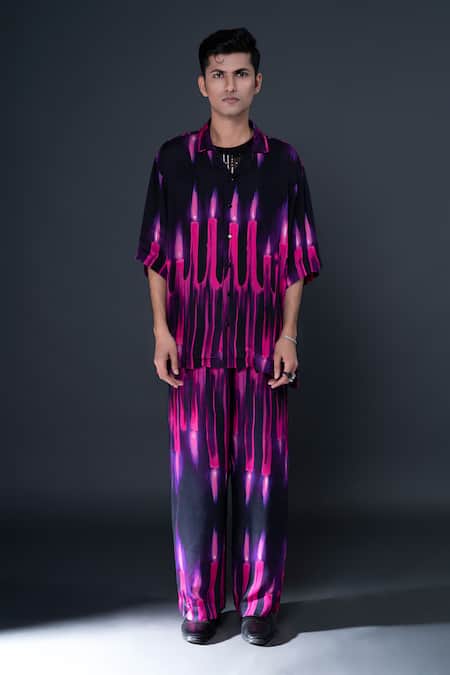 Shop Dark Hour Black Modal Satin Printed Abstract Shirt And Pant Set at Aza Fashions Shop_Dark Hour_Black Modal Satin Printed Abstract Shirt And Pant Set _at_Aza_Fashions