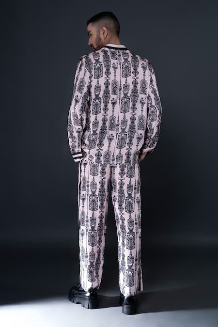 Shop Dark Hour Pink Modal Satin Printed Abstract Shirt And Pant Set at Aza Fashions Shop_Dark Hour_Pink Modal Satin Printed Abstract Shirt And Pant Set _at_Aza_Fashions