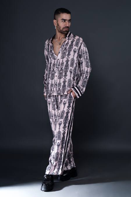 Shop Dark Hour Pink Modal Satin Printed Abstract Shirt And Pant Set Online at Aza Fashions Shop_Dark Hour_Pink Modal Satin Printed Abstract Shirt And Pant Set _Online_at_Aza_Fashions