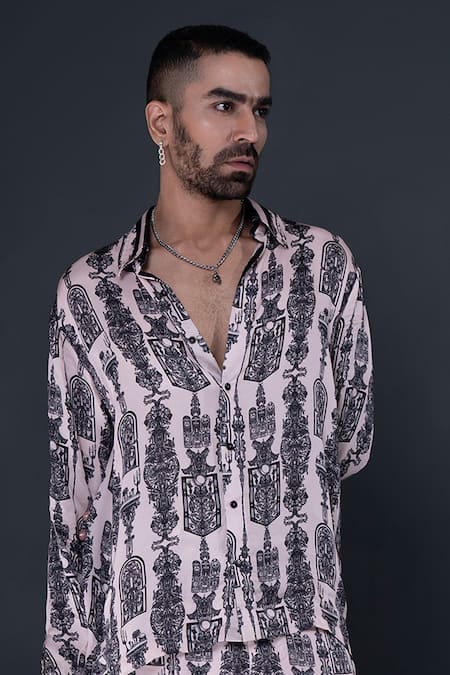 Dark Hour Pink Modal Satin Printed Abstract Button Down Shirt 