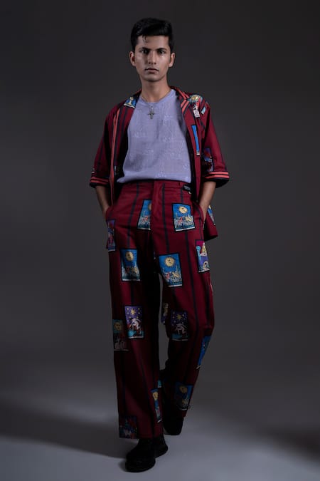 Buy_Dark Hour_Maroon Cotton Satin Printed Abstract Button Down Shirt And Pant Set _Online_at_Aza_Fashions