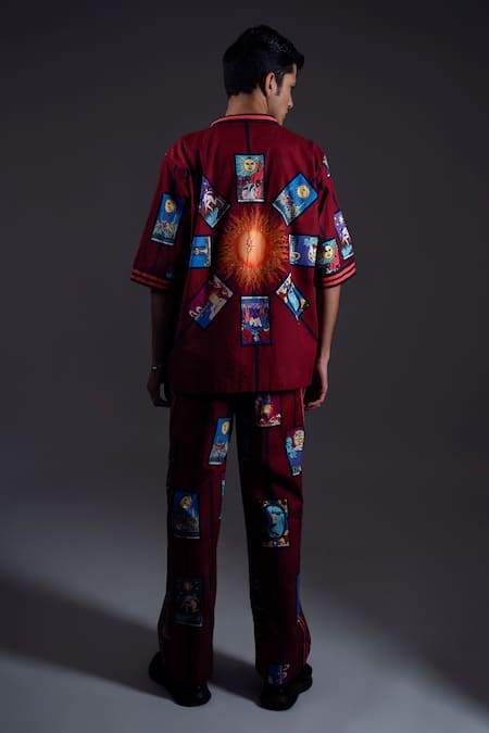Buy_Dark Hour_Maroon Cotton Satin Printed Abstract Button Down Shirt And Pant Set 