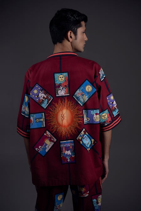 Shop_Dark Hour_Maroon Cotton Satin Printed Abstract Button Down Shirt And Pant Set 