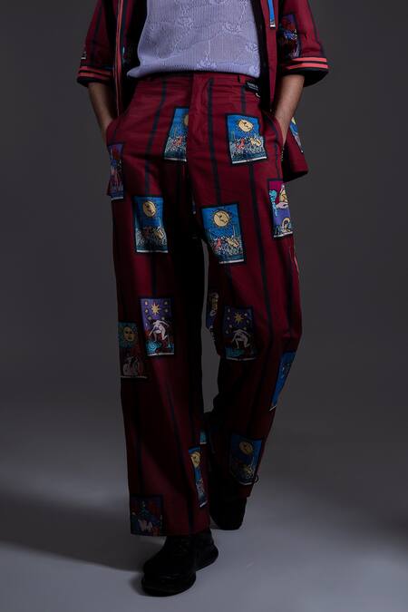 Dark Hour Maroon Cotton Satin Print Tarot Card Pant Online at Aza Fashions Dark Hour_Maroon Cotton Satin Print Tarot Card Pant _Online_at_Aza_Fashions
