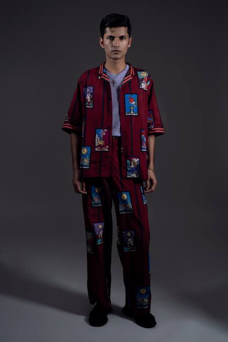 Shop Dark Hour Maroon Cotton Satin Print Tarot Card Pant Online at Aza Fashions Shop_Dark Hour_Maroon Cotton Satin Print Tarot Card Pant _Online_at_Aza_Fashions